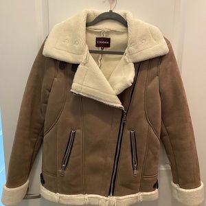 Taupe Suede Bomber Jacket with Faux Fur Trim